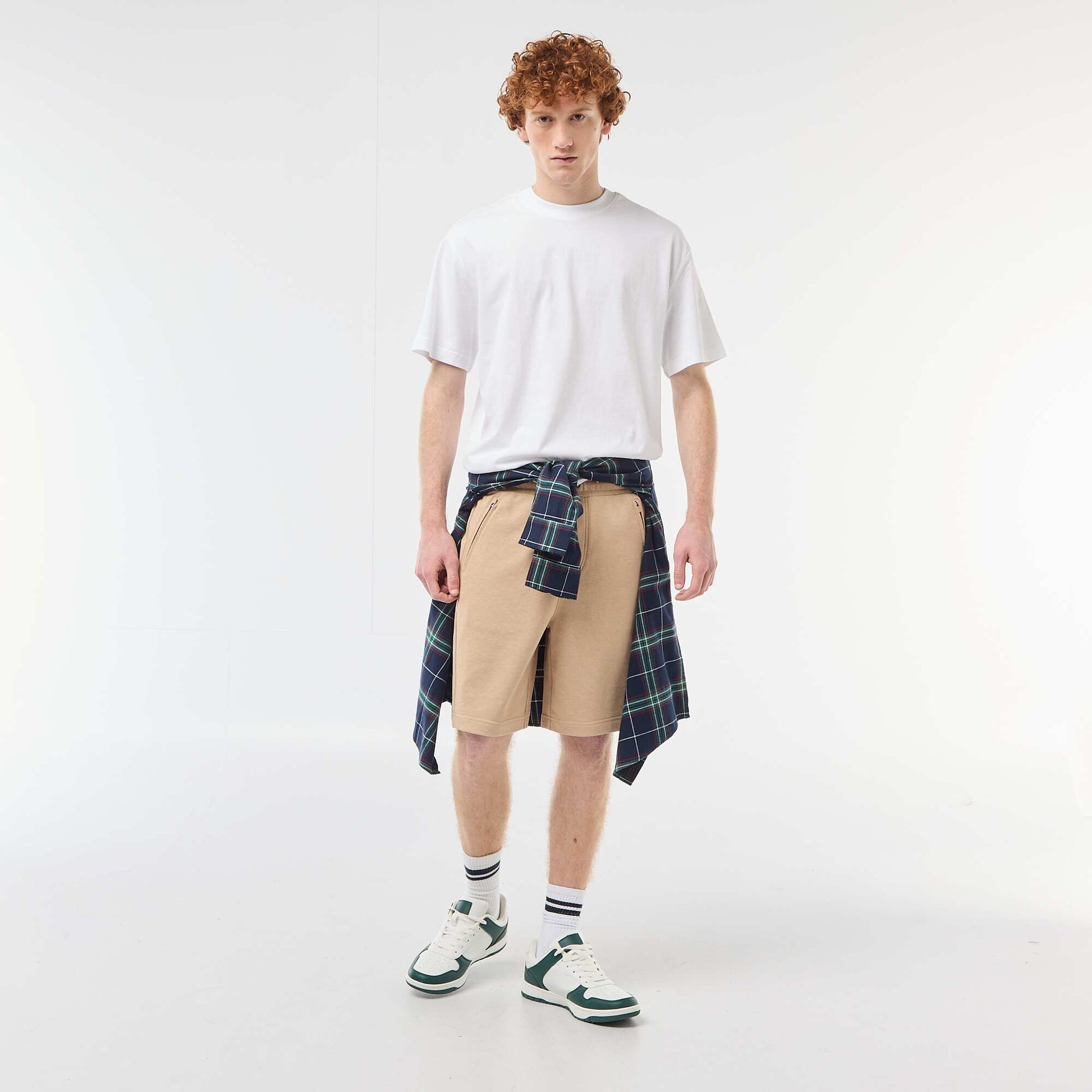 Short uni en french terry coton avec poches zippées BEIGE