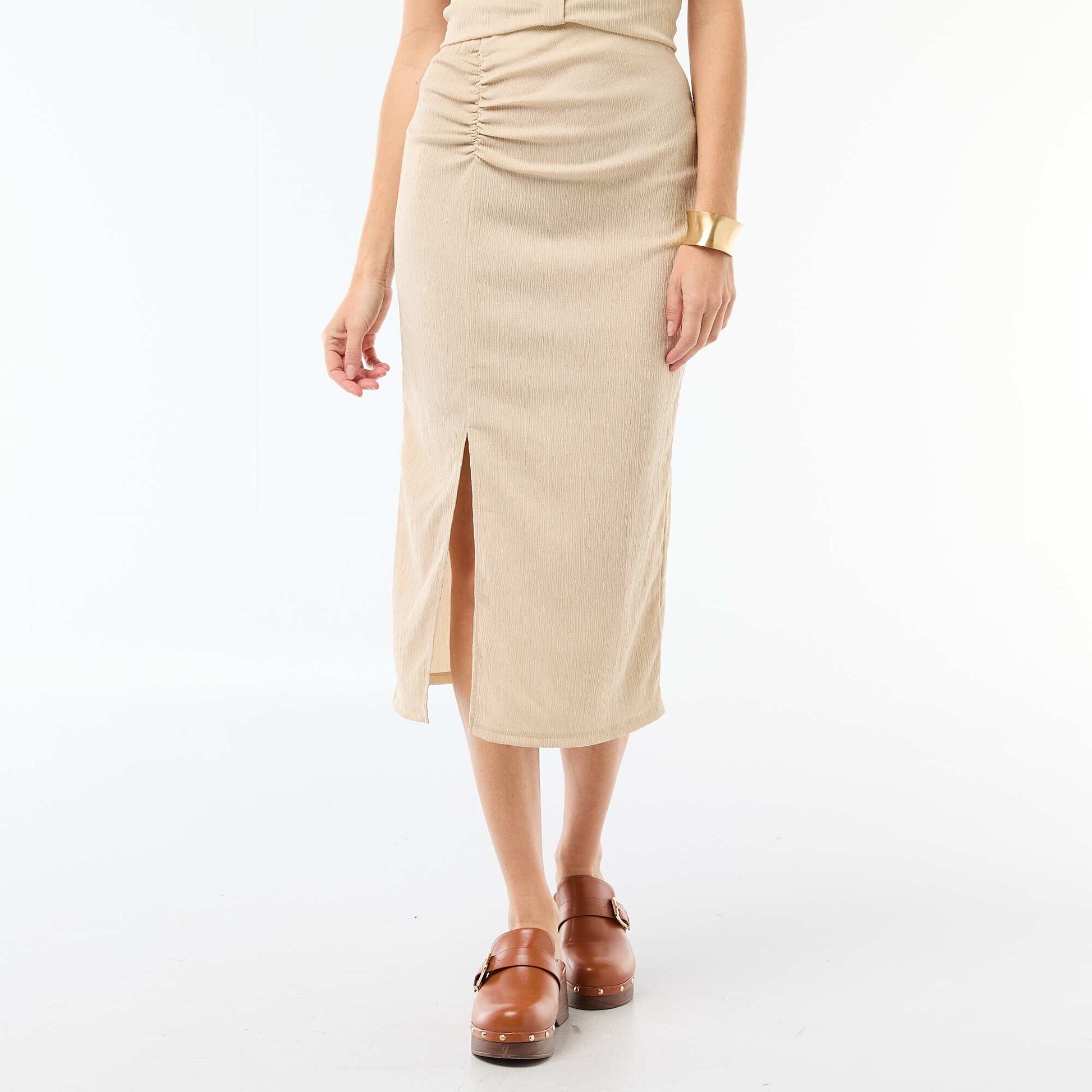 Jupe midi en maille texturée BEIGE