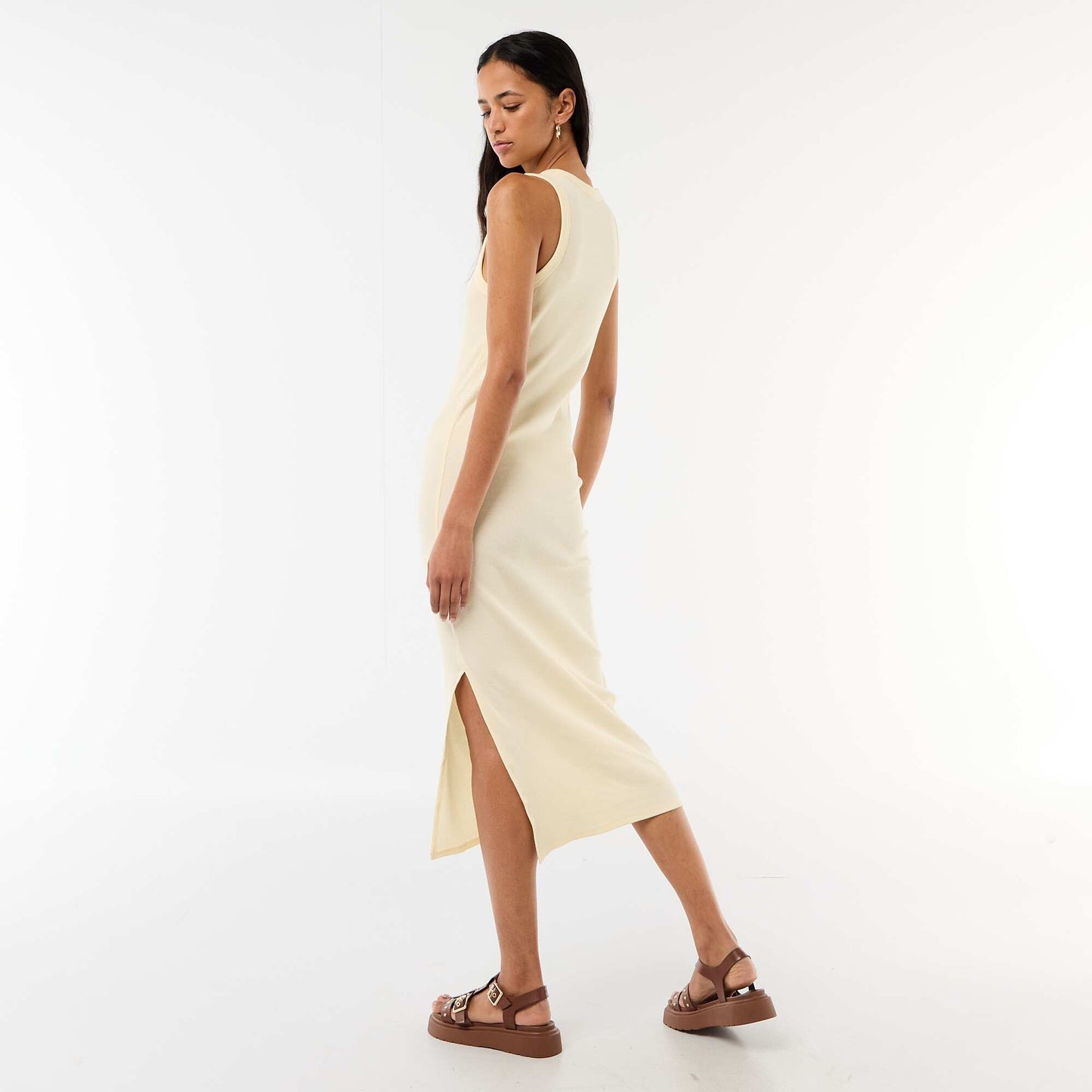 Robe midi côtelée sans manches JAUNE
