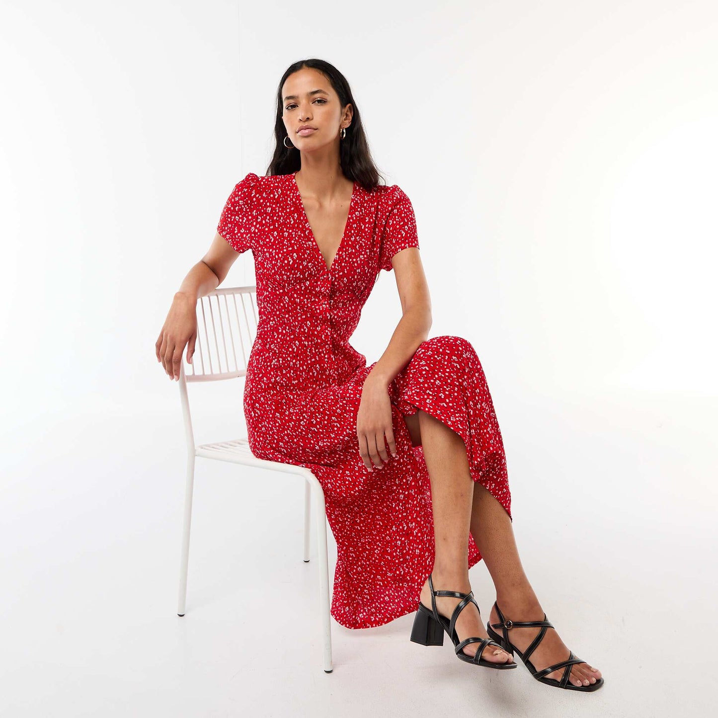 Robe longue imprimée all-over fine ROUGE