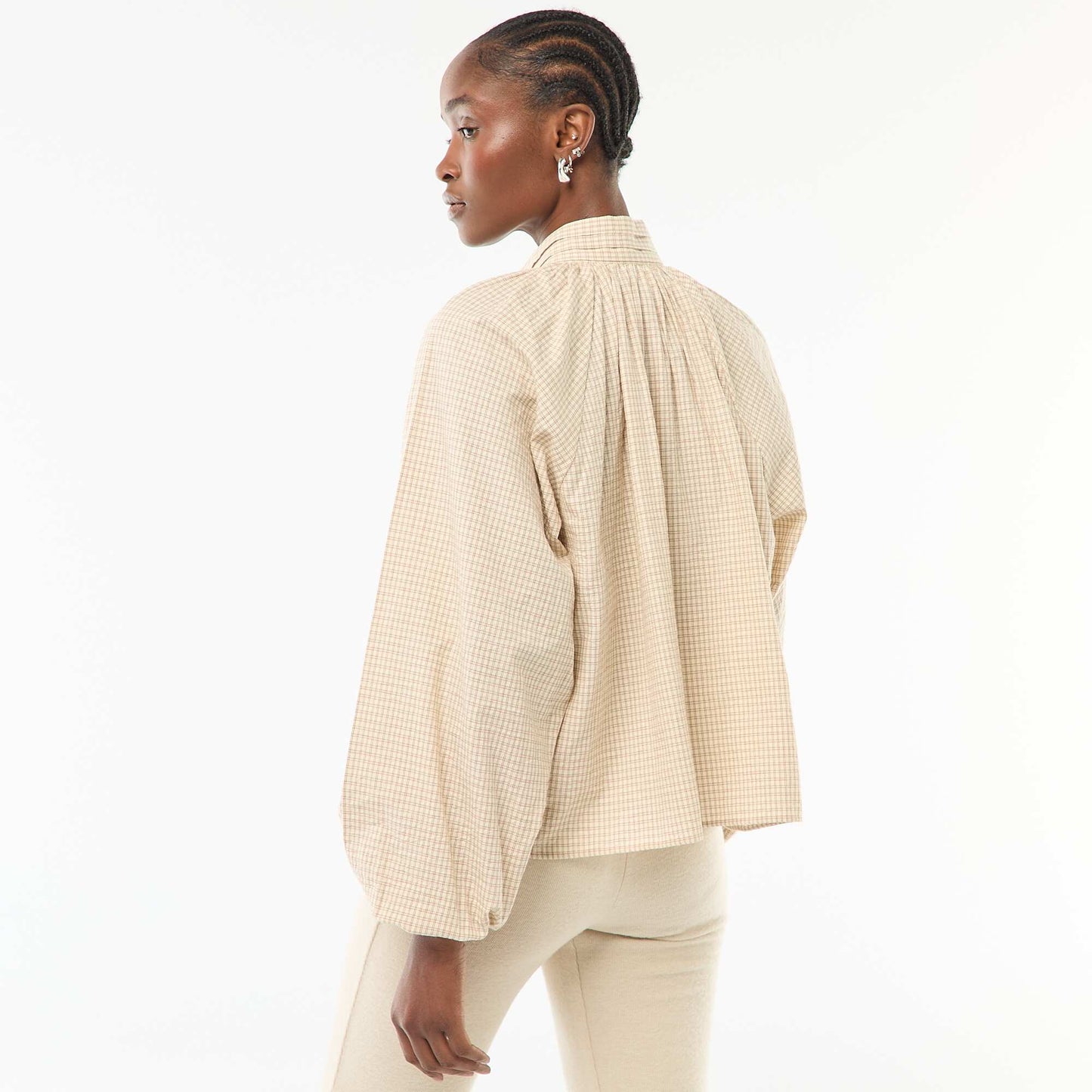 Blouse col lavalière à carreaux en coton BEIGE