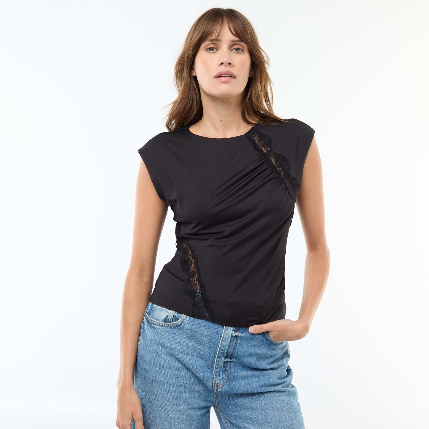 T-shirt sans manches dentelles devant NOIR