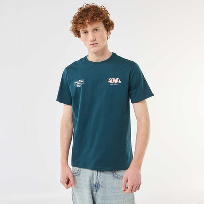 T-shirt col rond imprimé en coton BLEU