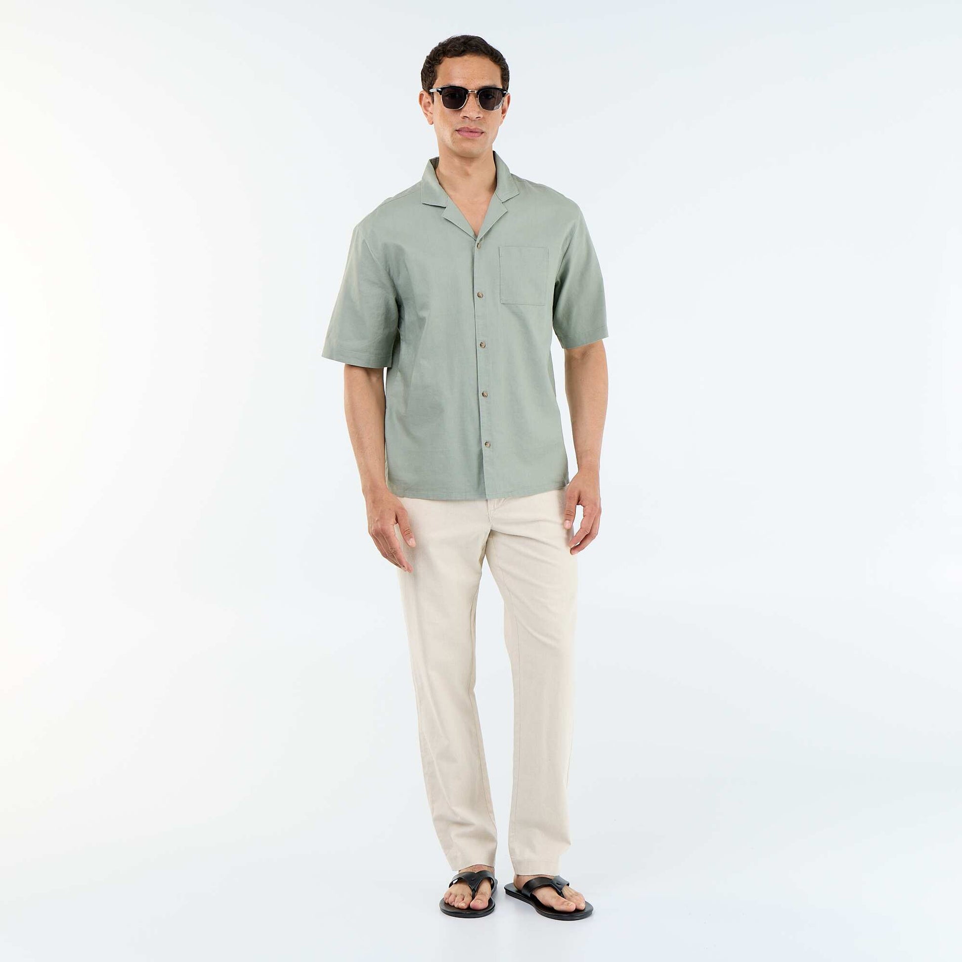 Chemise à manches courtes en lin mélangé avec poche poitrine VERT