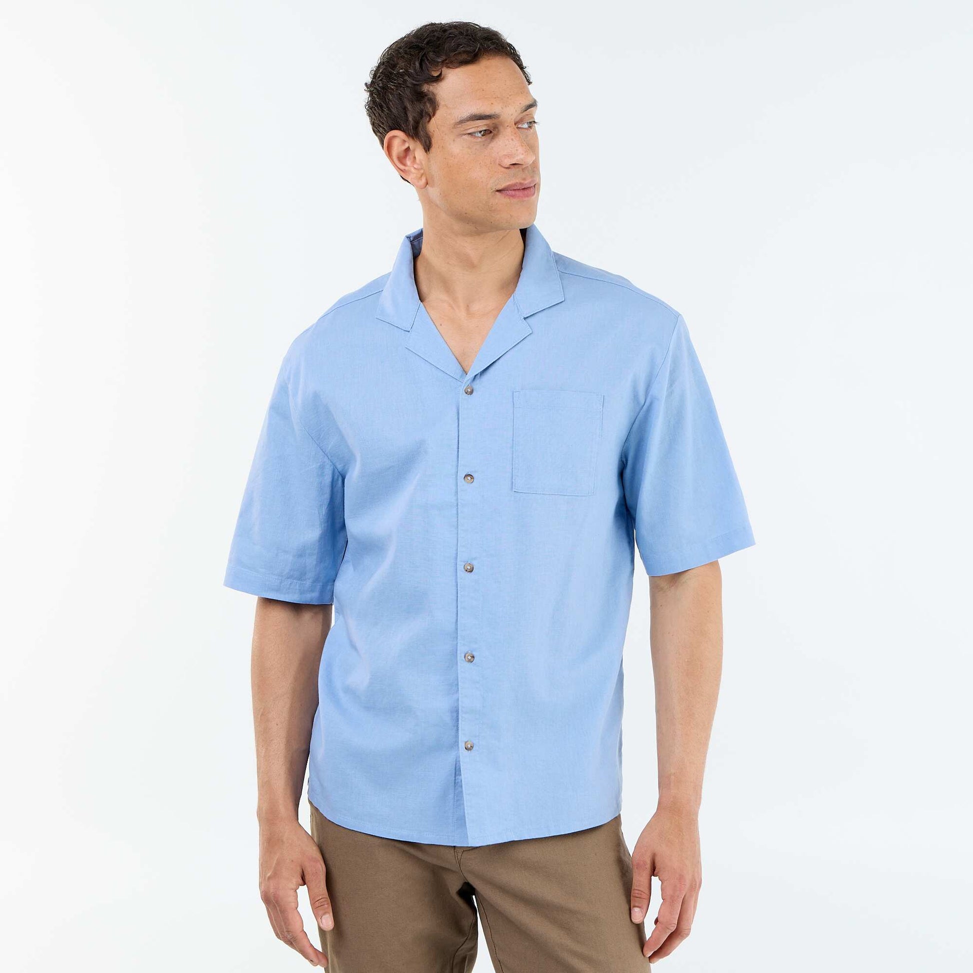Chemise à manches courtes en lin mélangé avec poche poitrine BLEU