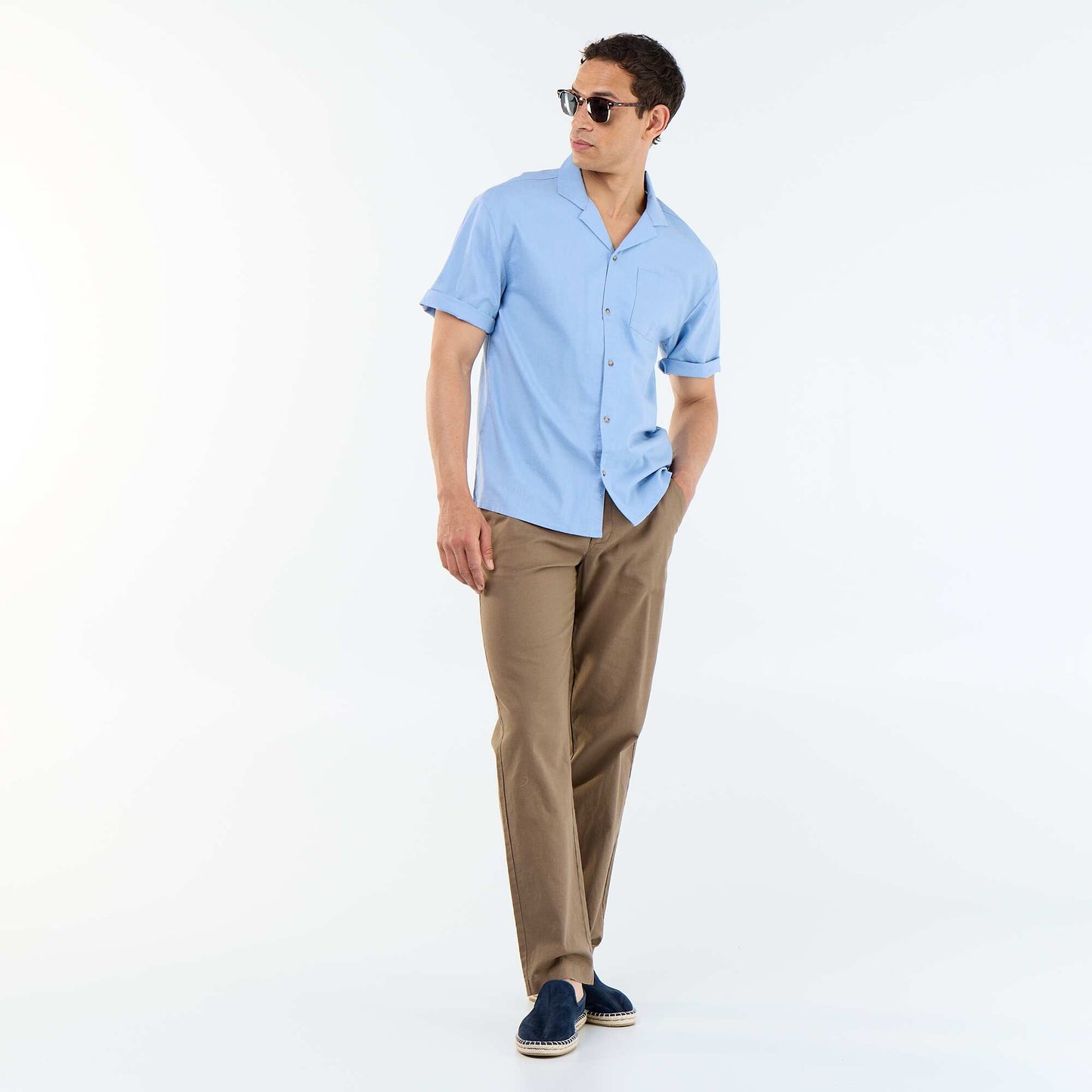 Chemise à manches courtes en lin mélangé avec poche poitrine BLEU
