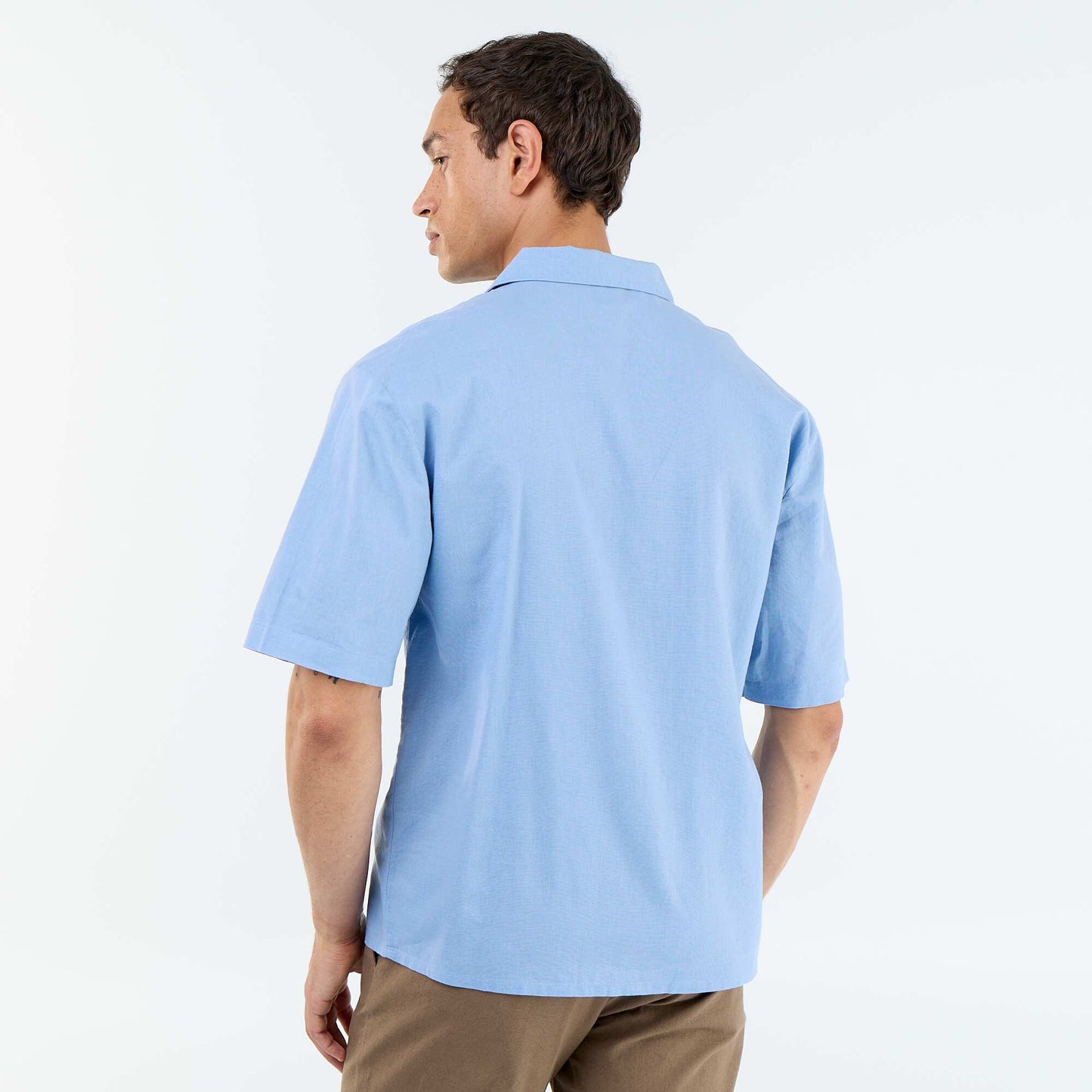 Chemise à manches courtes en lin mélangé avec poche poitrine BLEU