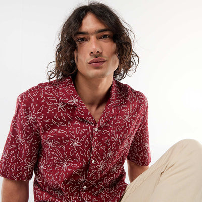 Chemise en lin mélangé à manches courtes ROUGE