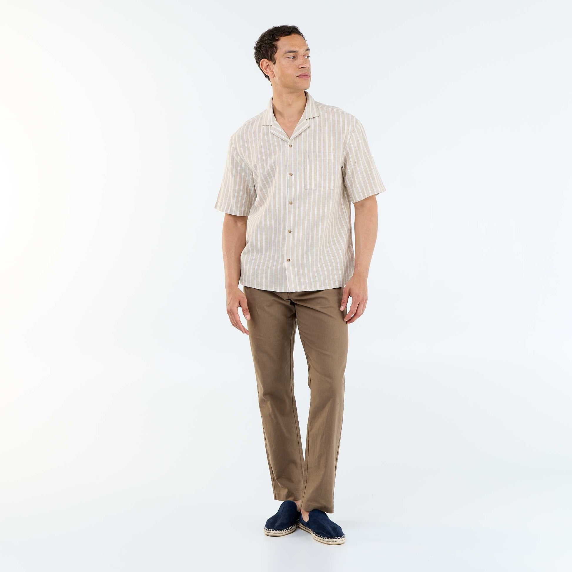 Chemise en lin mélangé à manches courtes BEIGE