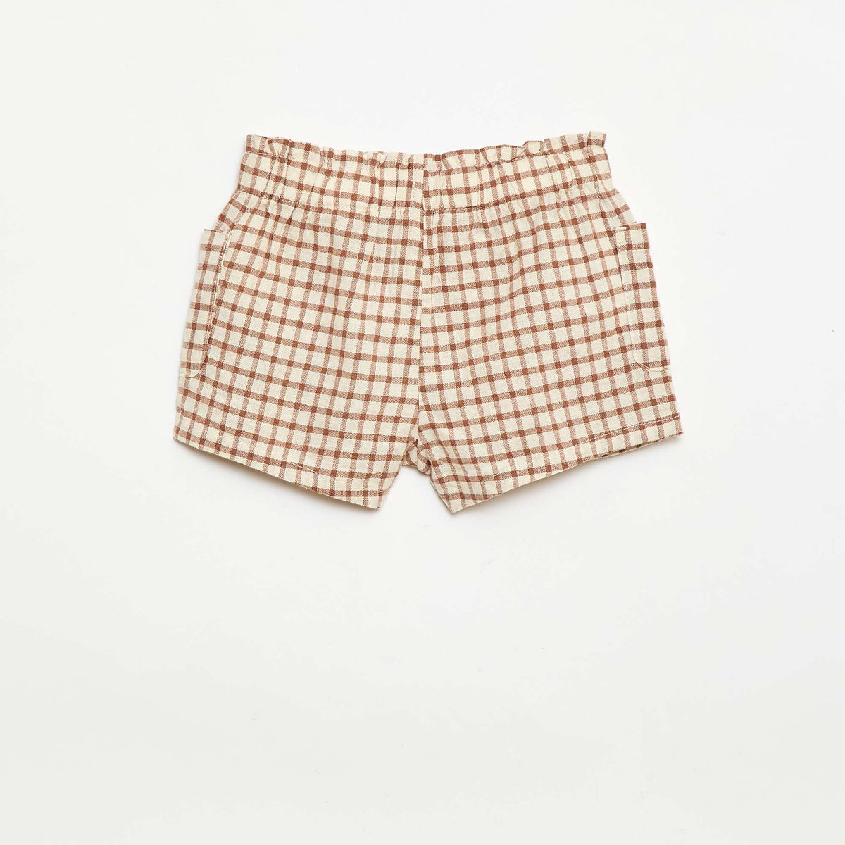 Short à carreaux en coton et lin MARRON