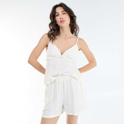 Short en lin mélangé uni BLANC