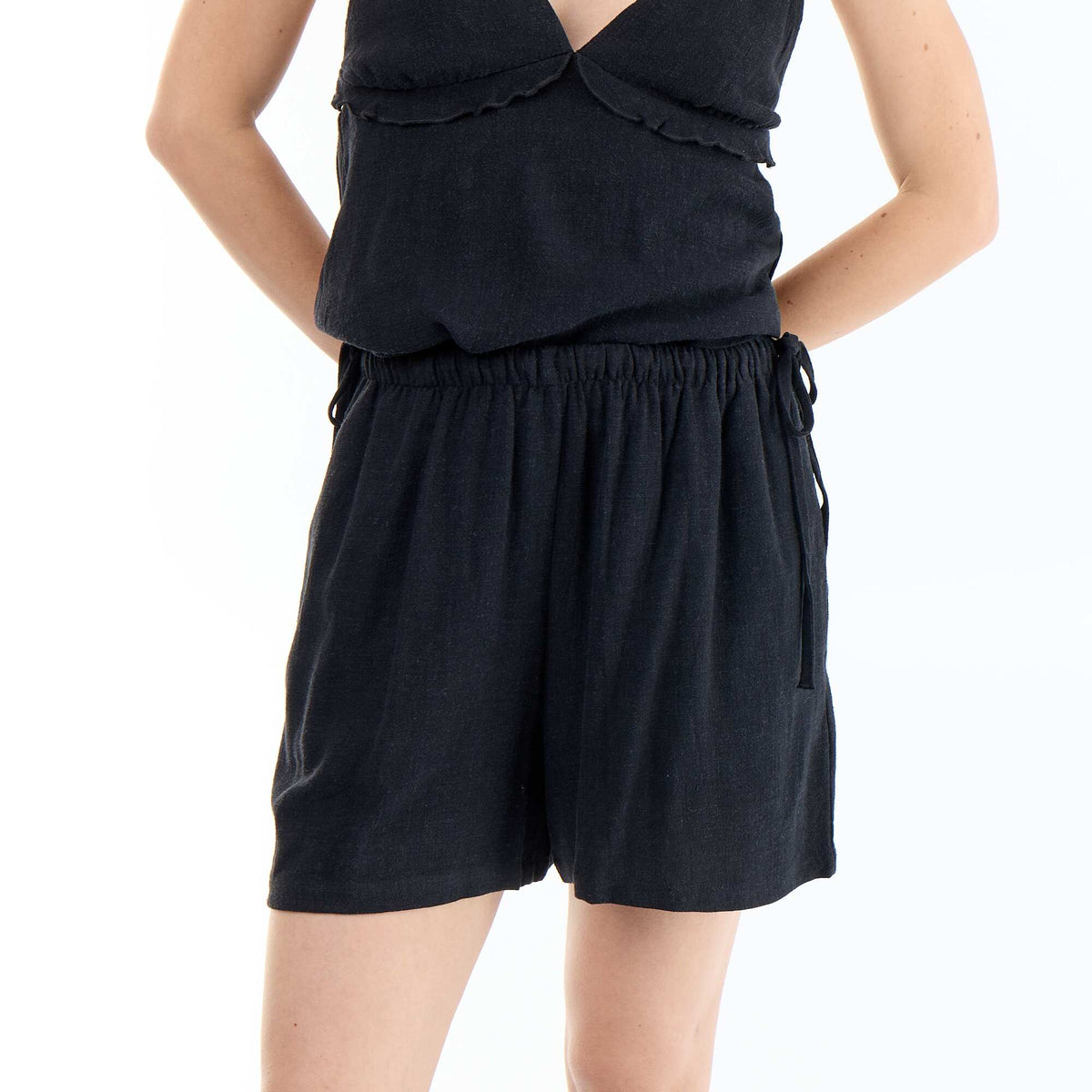Short en lin mélangé uni NOIR