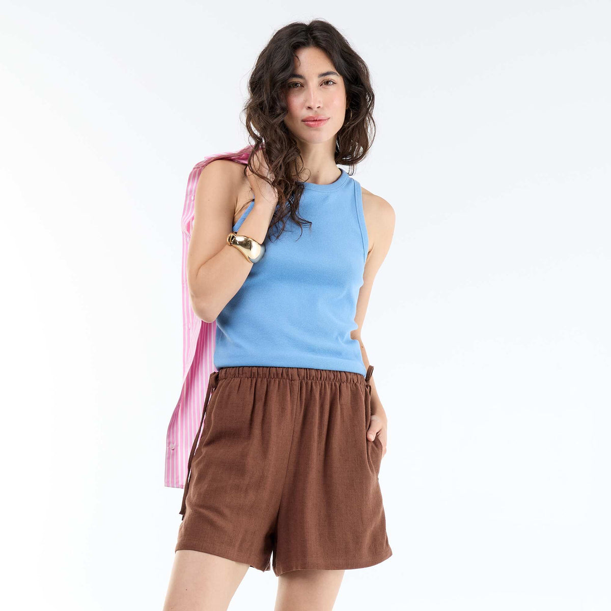 Short en lin mélangé uni MARRON