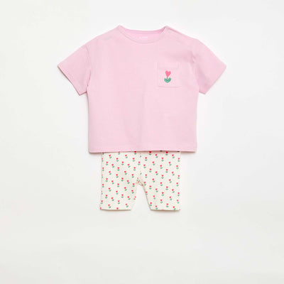 Ensemble T-shirt + short cycliste côtelé - 2 pièces ROSE