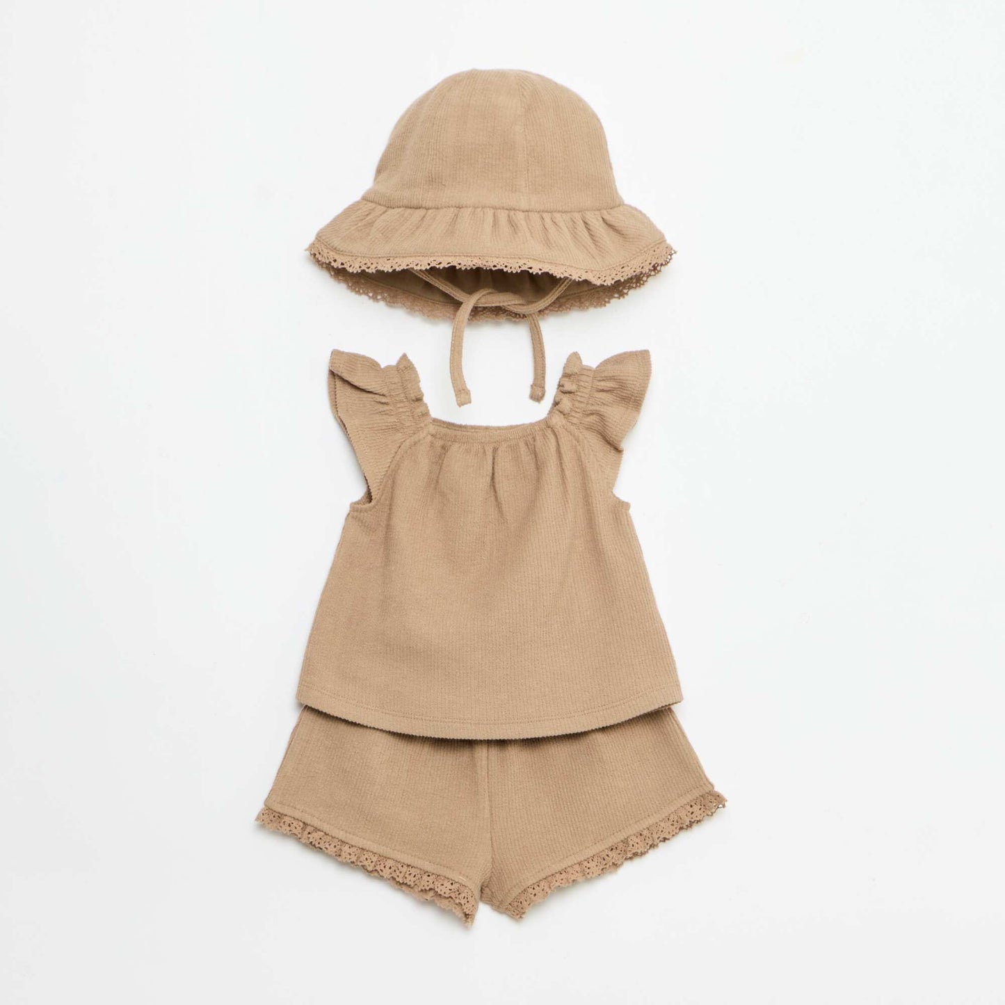 Ensemble 3 pièces en maille côtelée -  short + T-shirt + bob MARRON