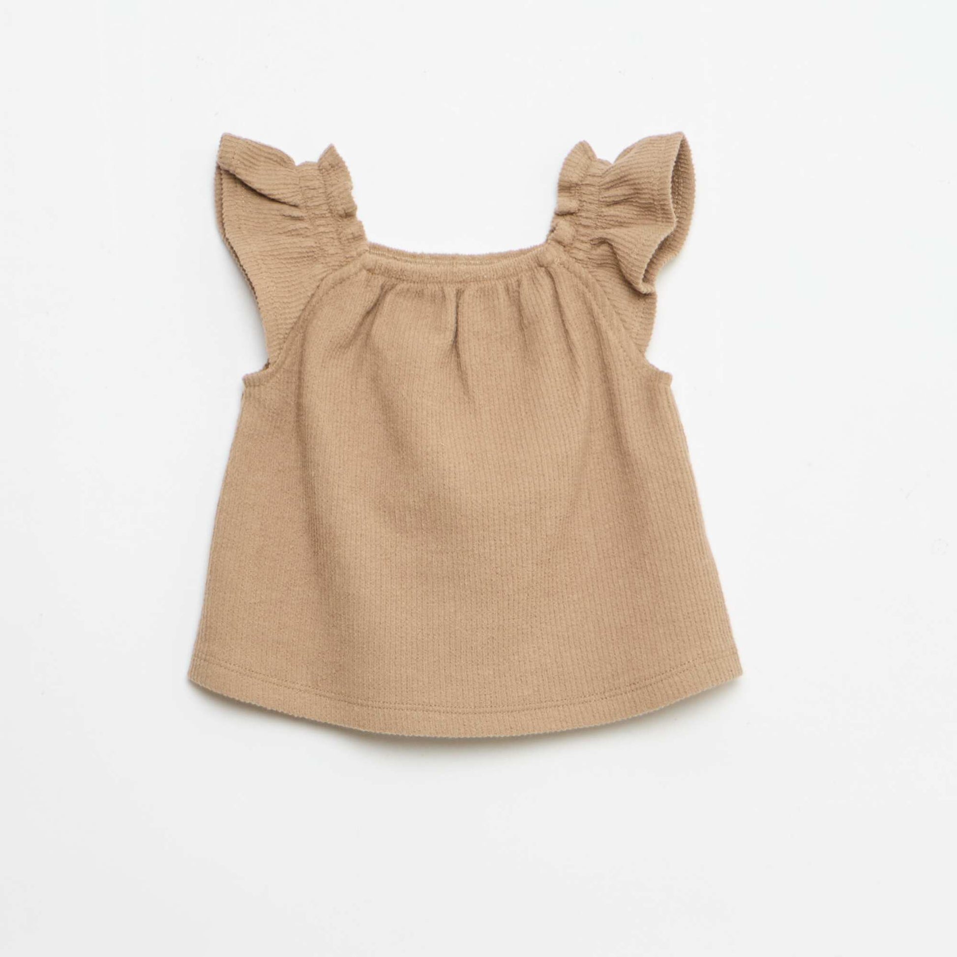 Ensemble 3 pièces en maille côtelée -  short + T-shirt + bob MARRON