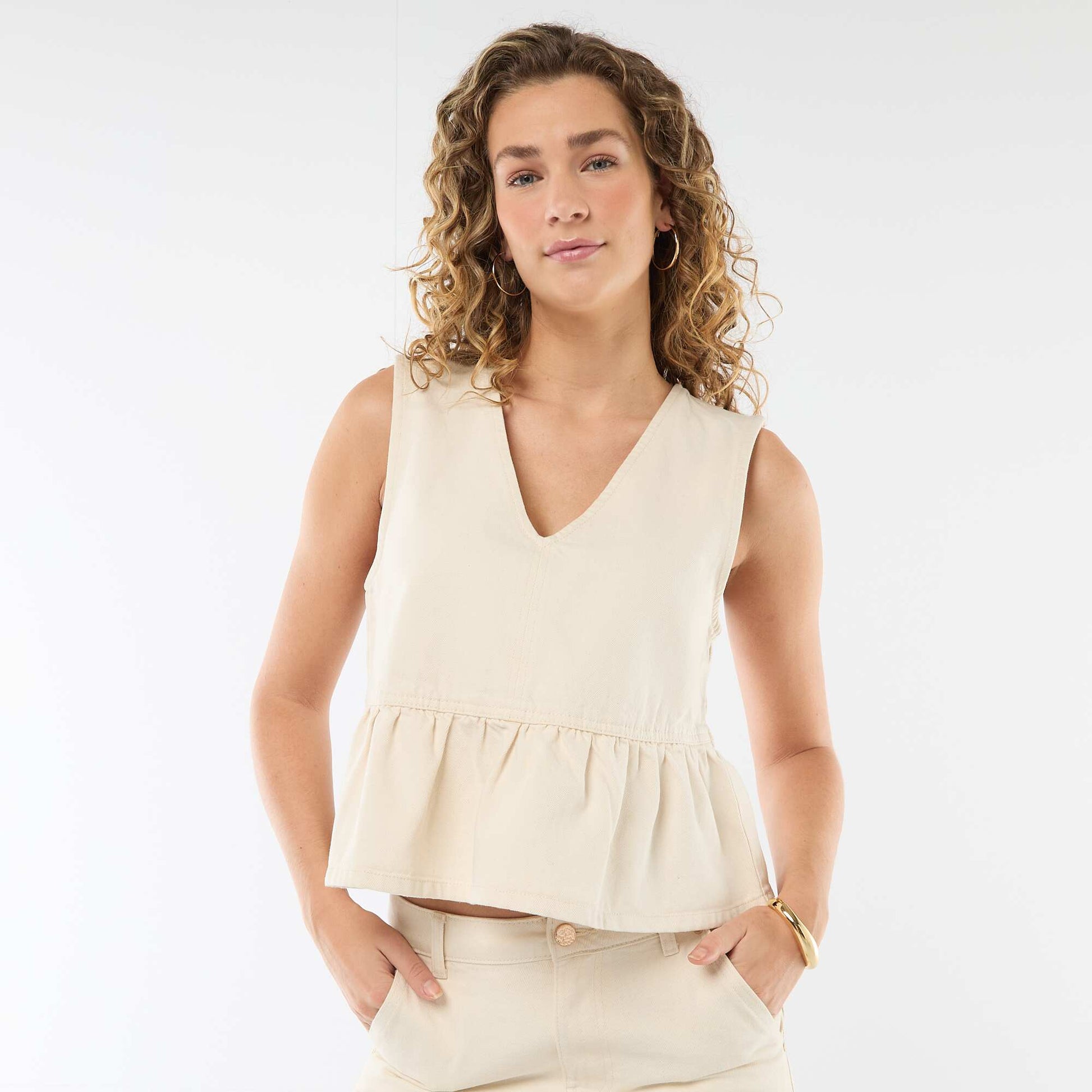 Top en jean col V BEIGE