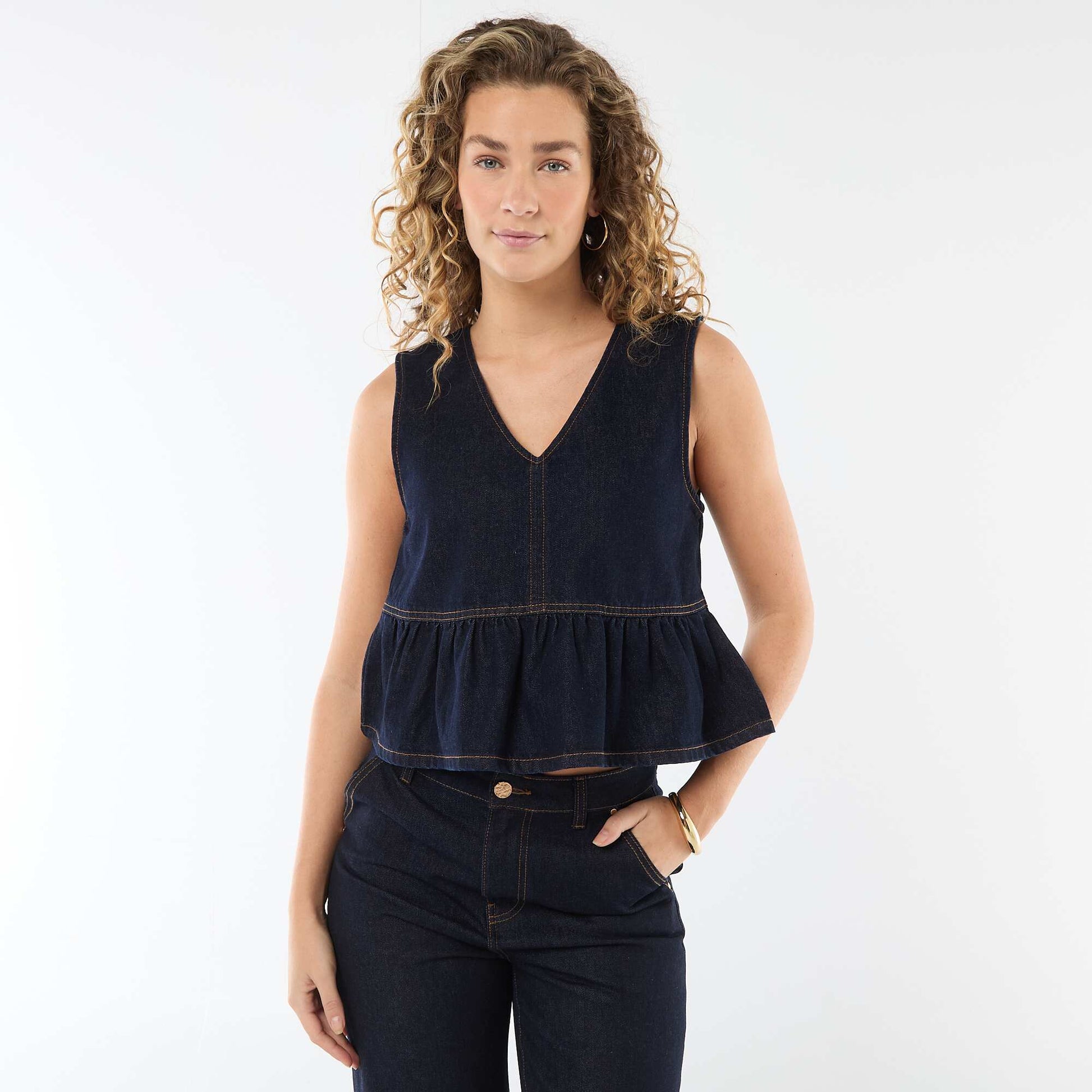 Top en jean col V BLEU