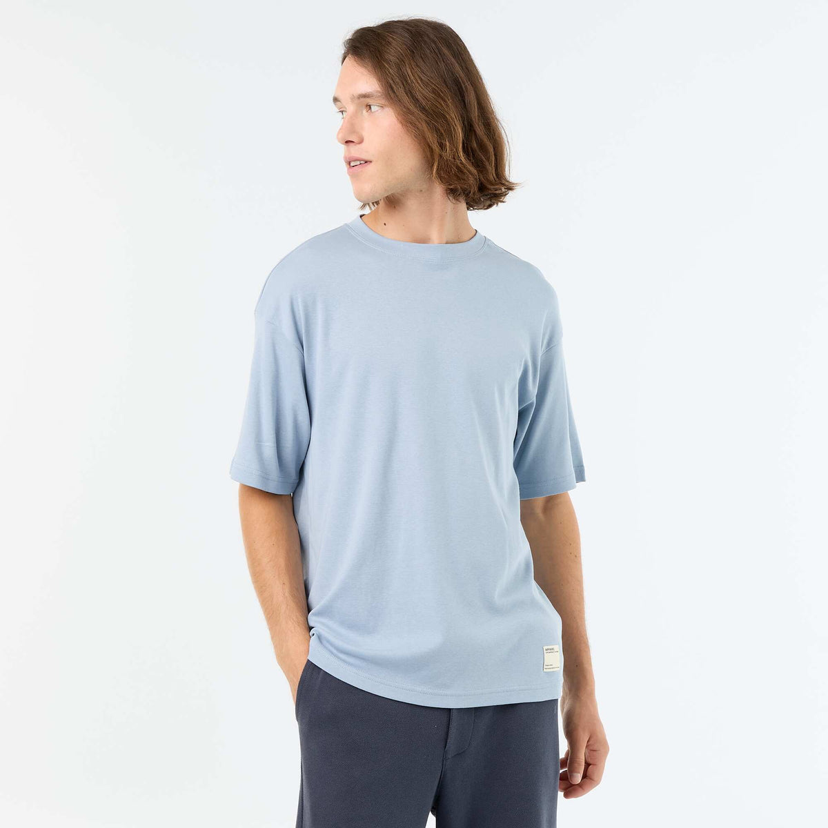Tee-shirt uni à manches courtes et col rond BLEU