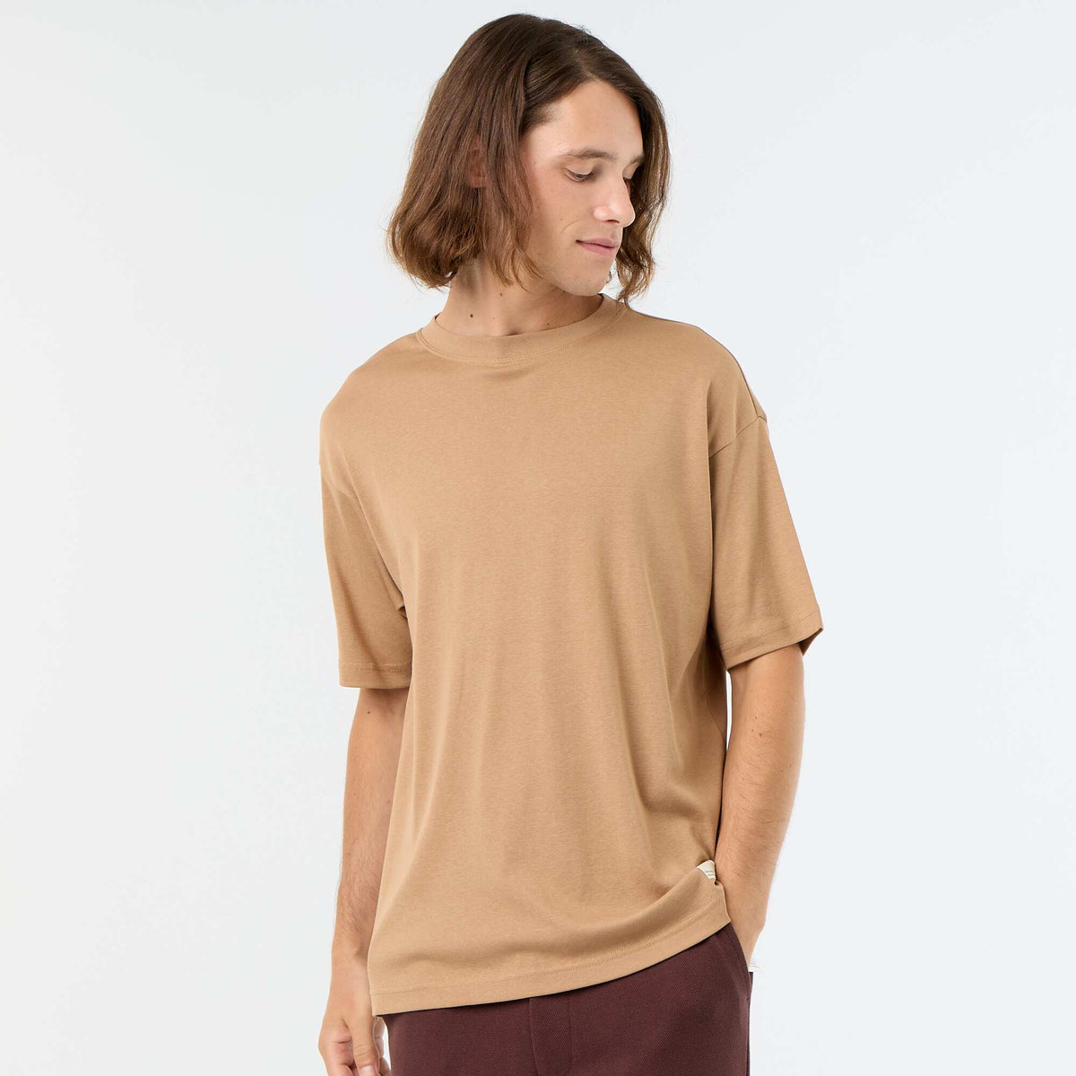 Tee-shirt uni à manches courtes et col rond BEIGE