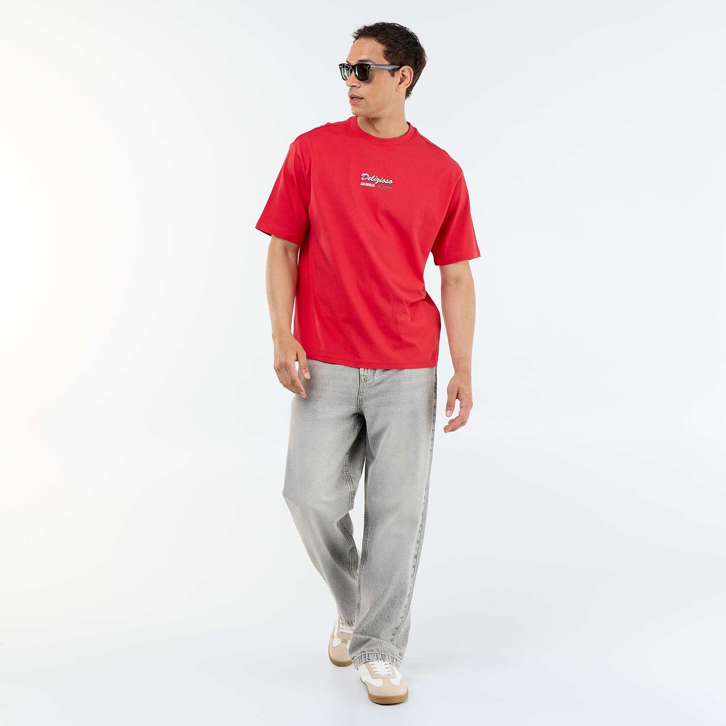 T-shirt à manches courtes avec imprimés et broderies recto/verso ROUGE