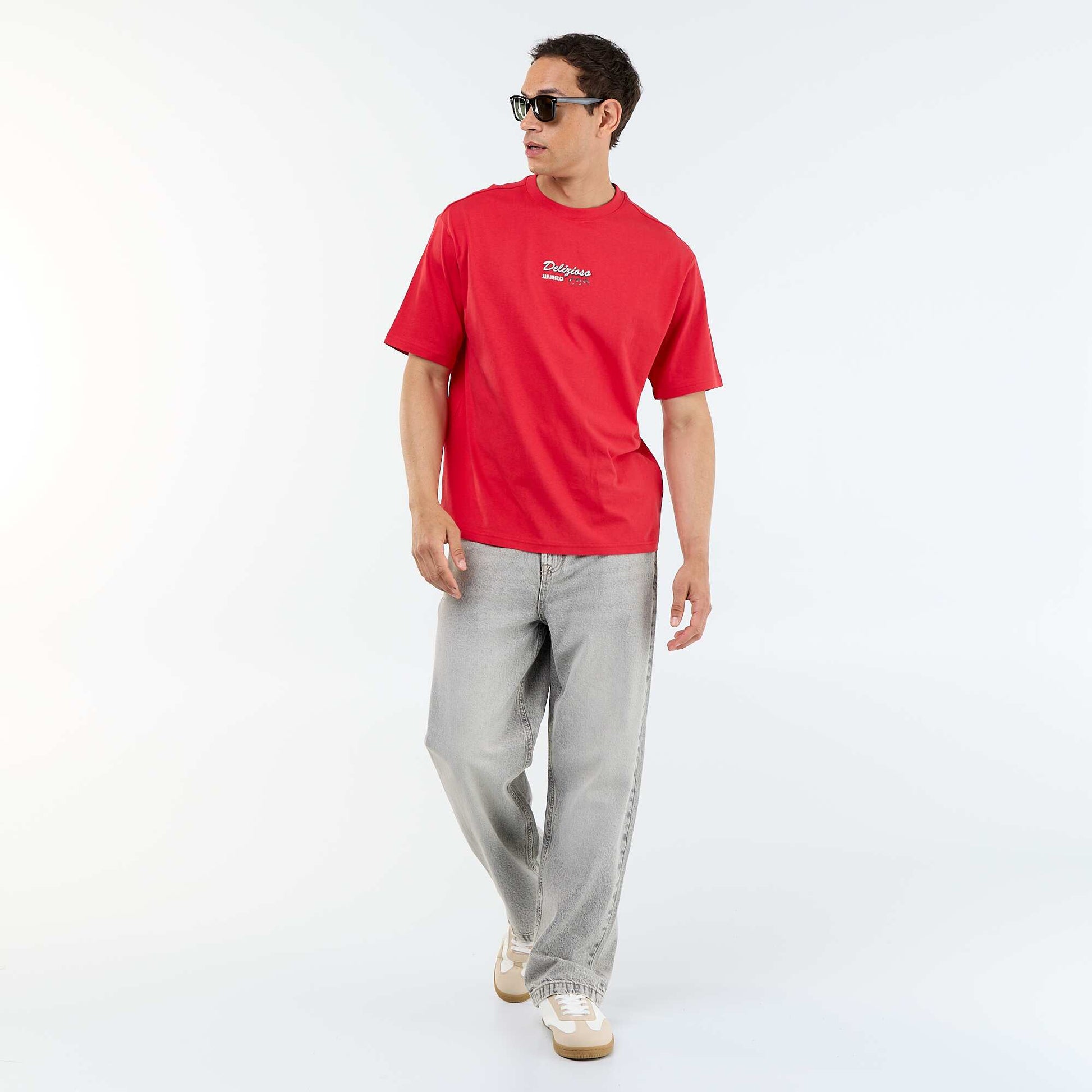 T-shirt à manches courtes avec imprimés et broderies recto/verso ROUGE