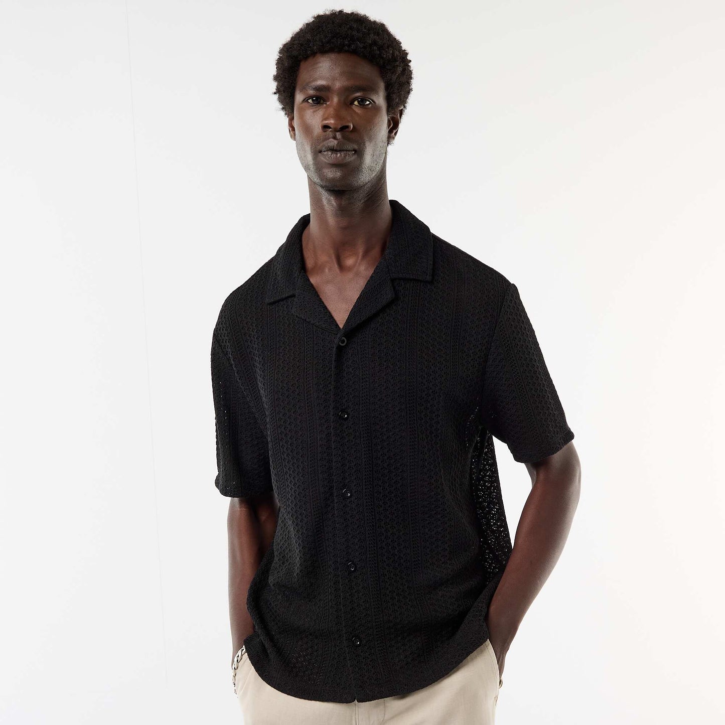 Chemise en maille ajourée et à manches courtes NOIR