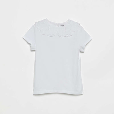 T-shirt avec col en broderies anglaises BLANC