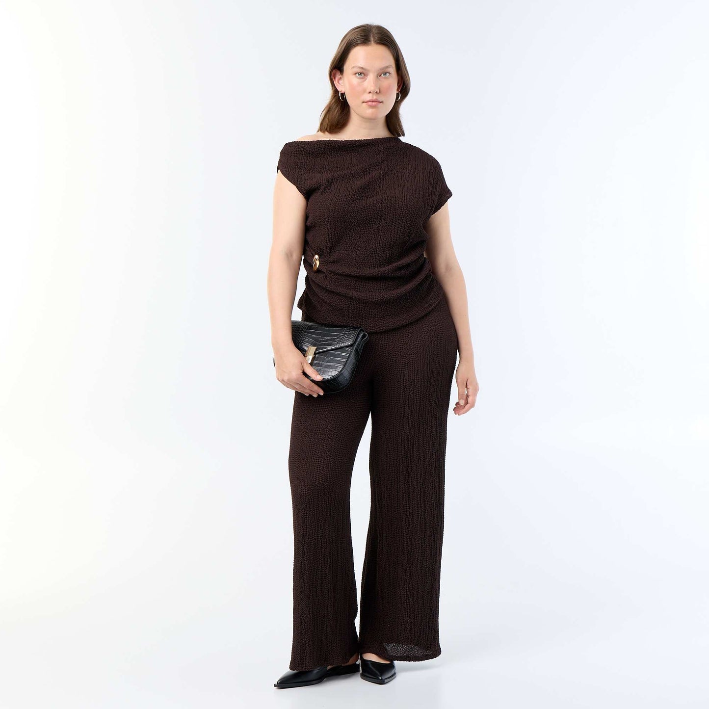 Pantalon large en maille gaufrée MARRON