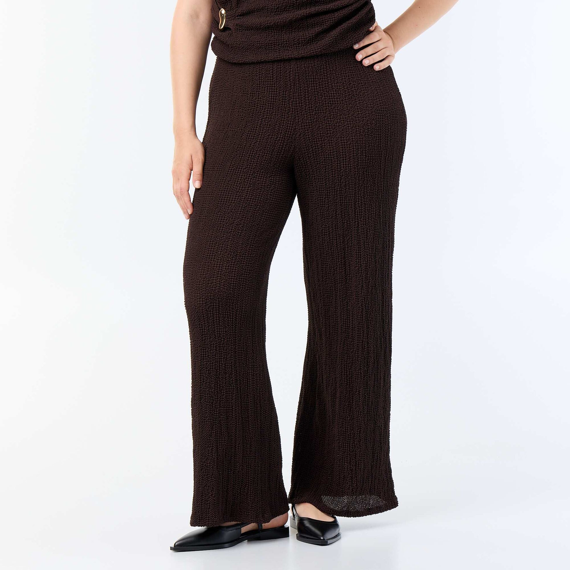 Pantalon large en maille gaufrée MARRON