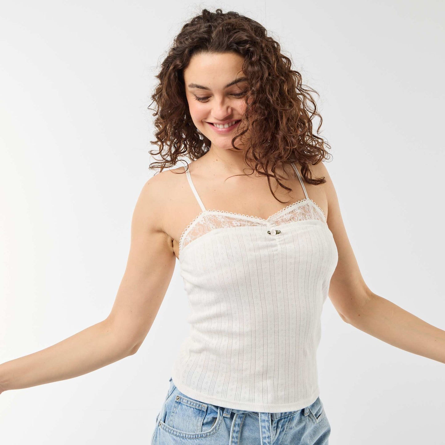 Débardeur maille pointelle et dentelle BLANC