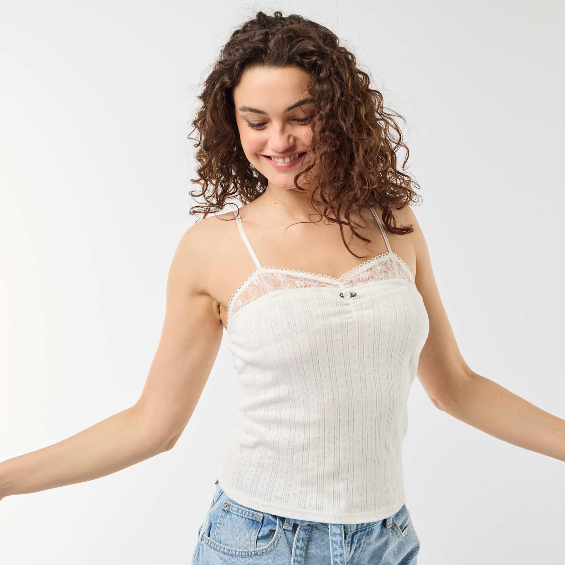 Débardeur maille pointelle et dentelle BLANC