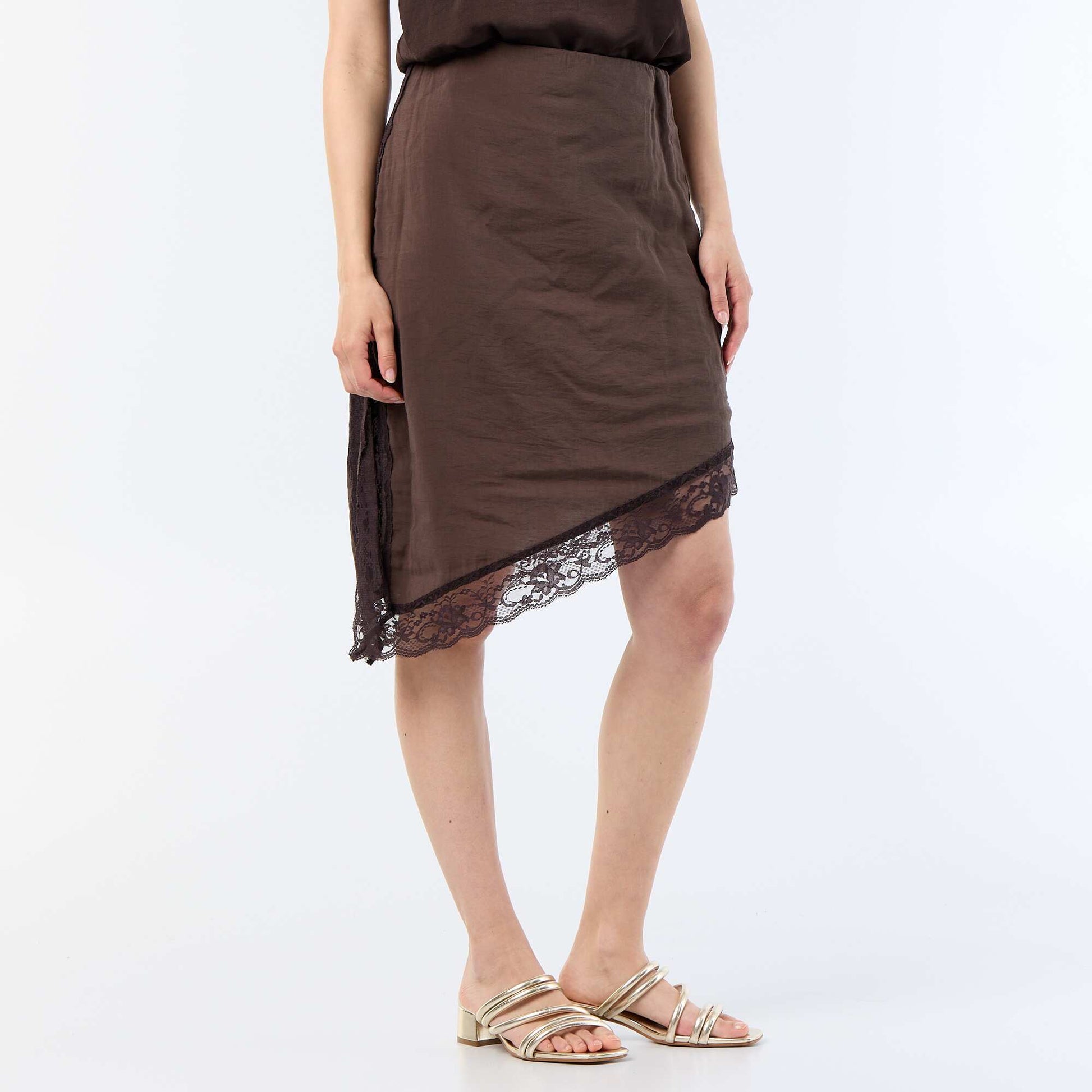 Jupe midi asymétrique avec dentelle MARRON