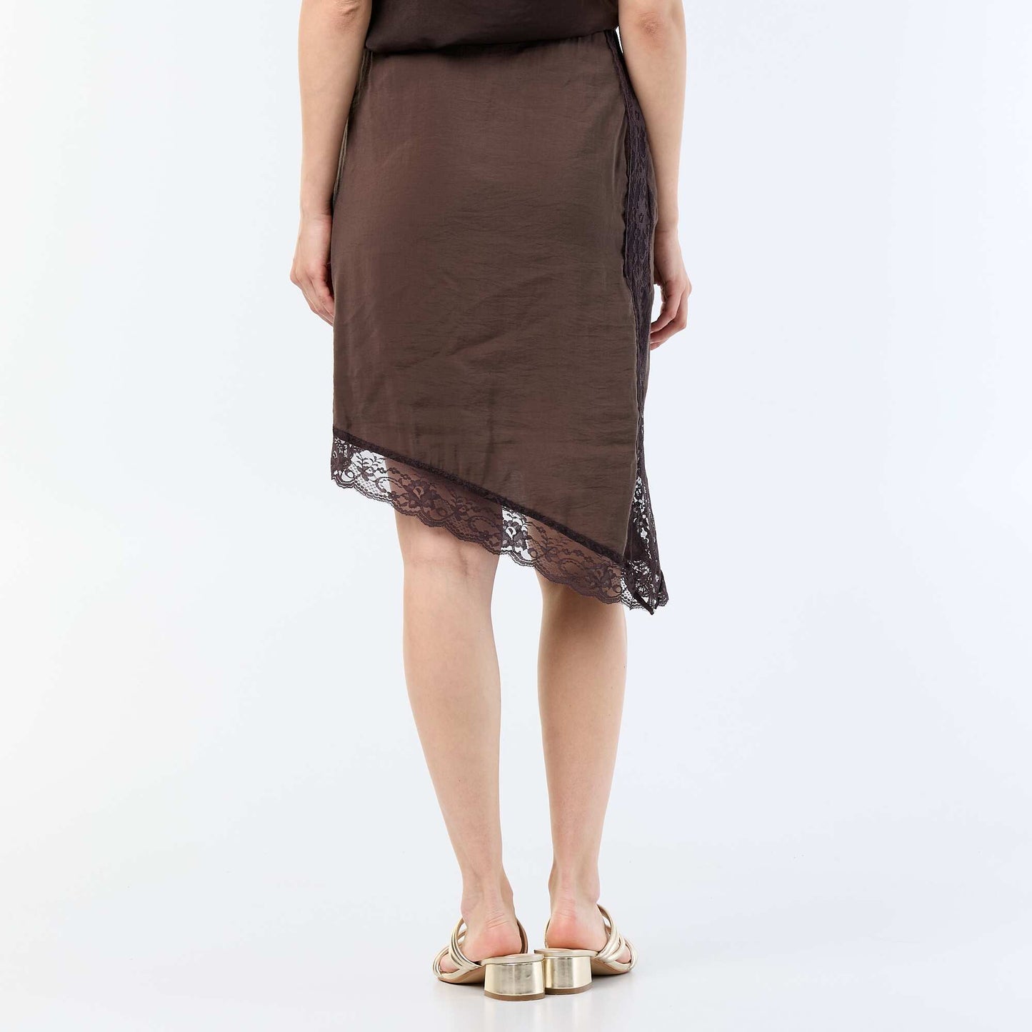 Jupe midi asymétrique avec dentelle MARRON