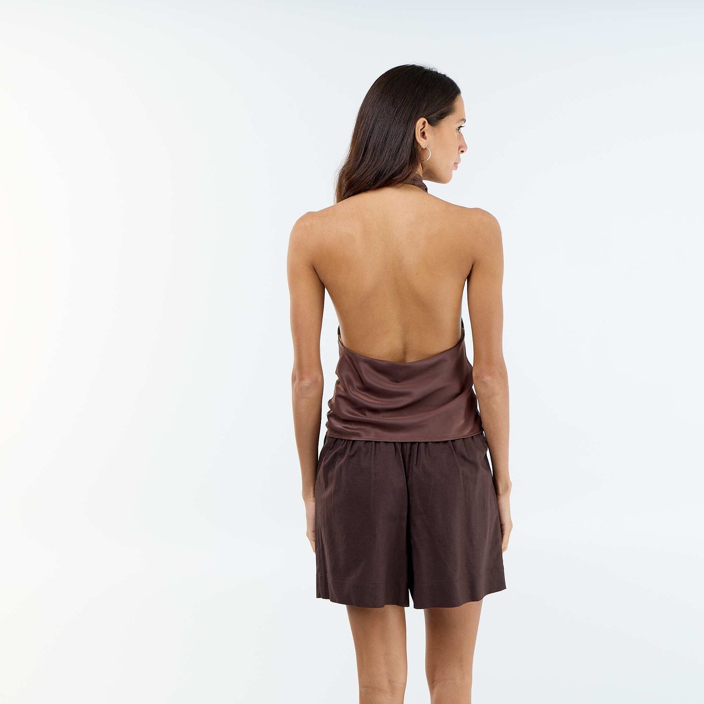 Top stretch asymétrique matière satinée MARRON