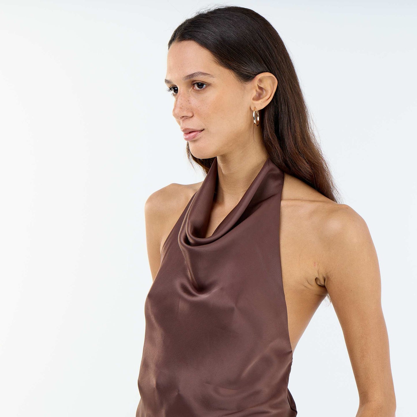 Top stretch asymétrique matière satinée MARRON
