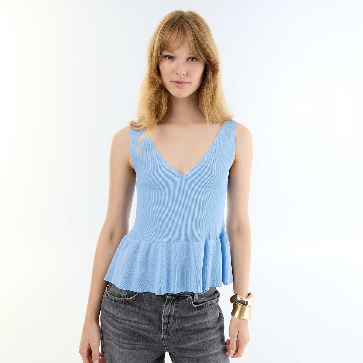 Débardeur peplum en maille côtelée BLEU
