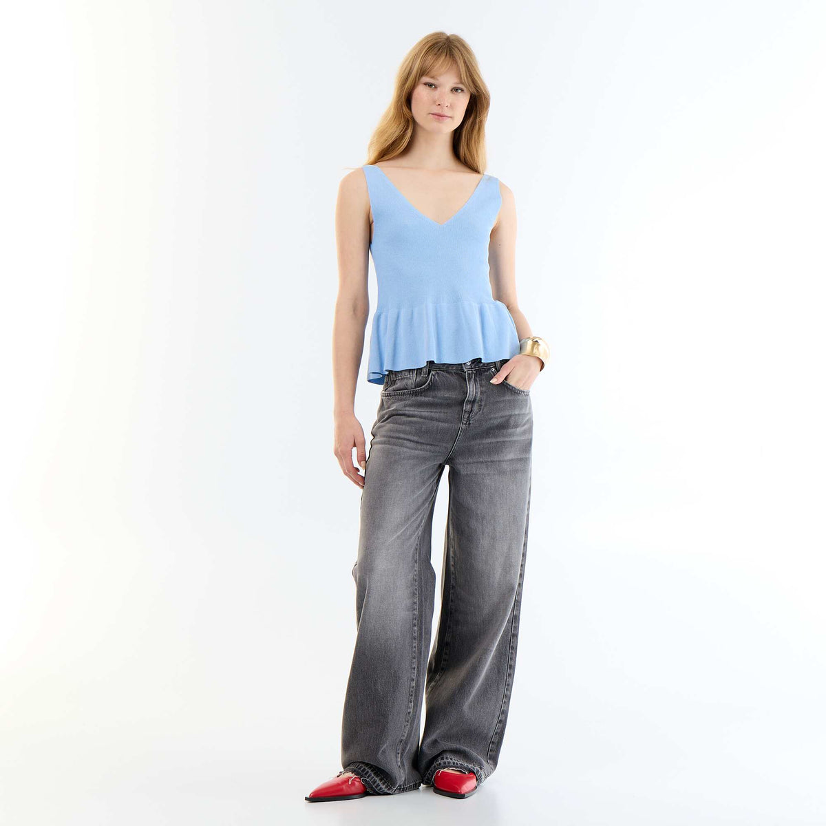 Débardeur peplum en maille côtelée BLEU