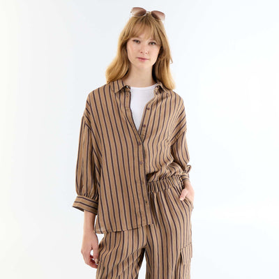 Chemise fluide rayée à manches ballon MARRON FONCé