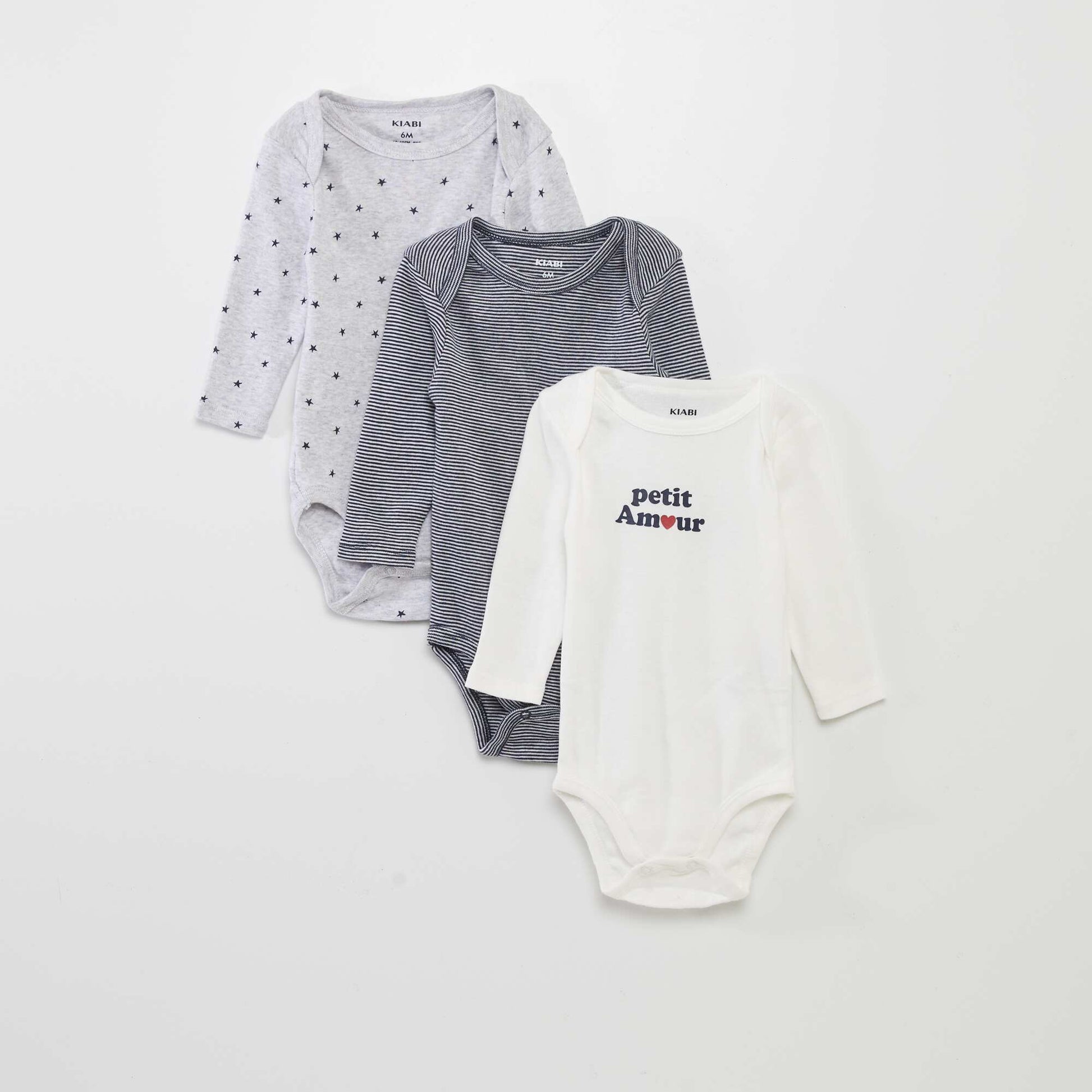 Lot de 3 bodies manches longues GRIS/BLANC/BLEU MARINE