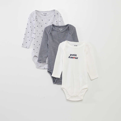 Lot de 3 bodies manches longues GRIS/BLANC/BLEU MARINE