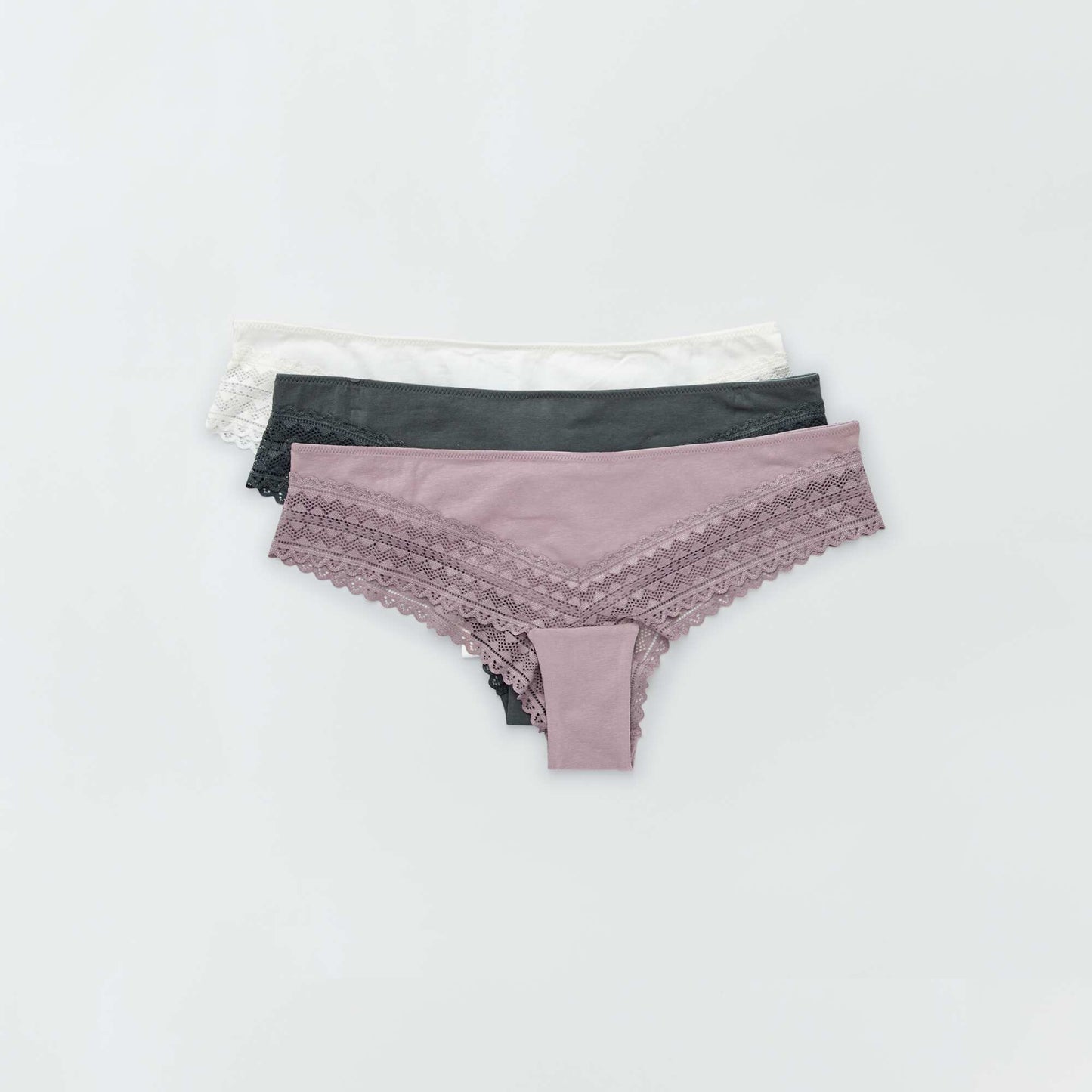 Lot de 3 tangas coton et dentelle ROSE GRISé/éCRU/VERT