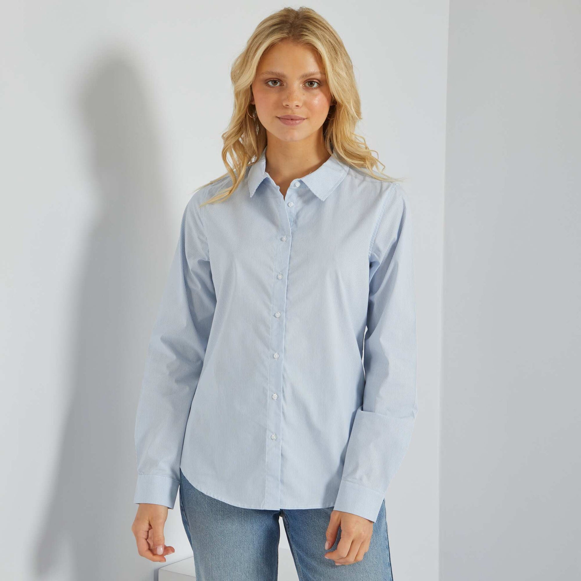 Chemise fittée col italien BLEU RAYé